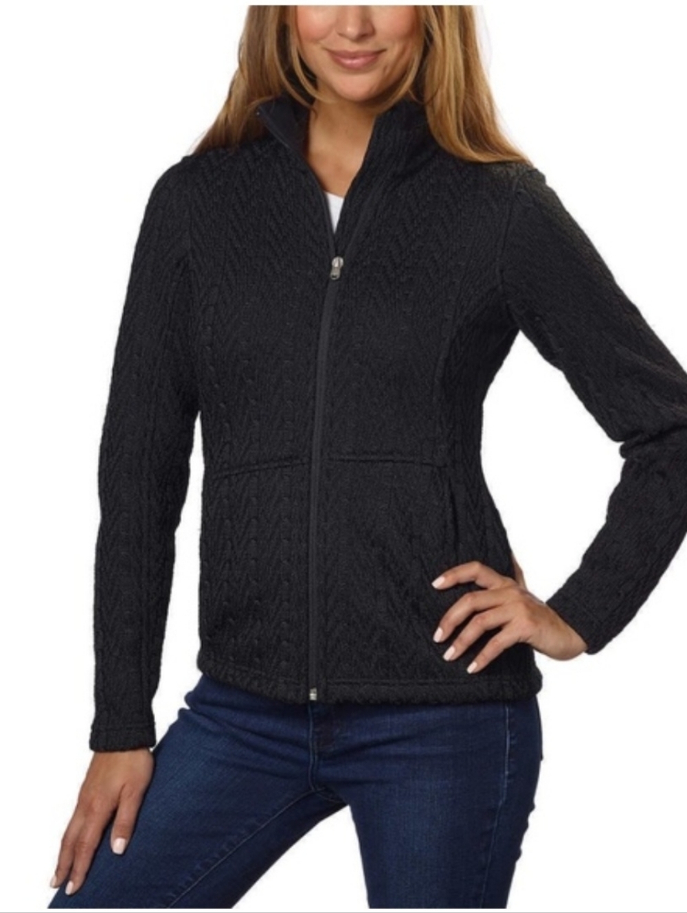SPYDER Women's Black Cable Knit Full-Zip Utility Jacket with Subtle Logo Size S